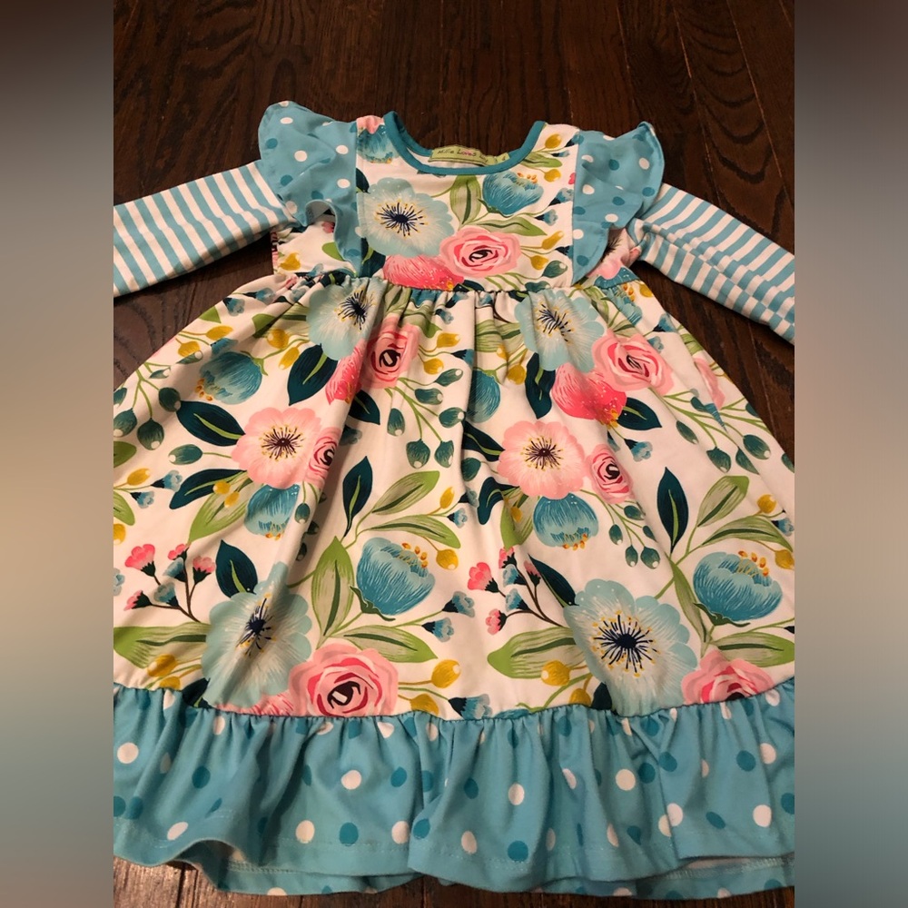 Millie Loves Lily Girls 4 Blue/Pink Floral Striped Long-Sleeved Ruffled Dress - Picture 4 of 10